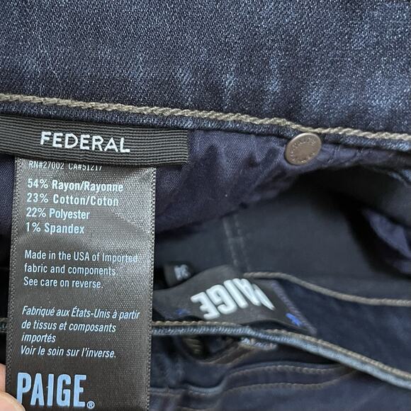 Paige Federal Straight Slim Whiskered Jeans Mens 34x31 Dark Wash Casual Stretch - Picture 8 of 10